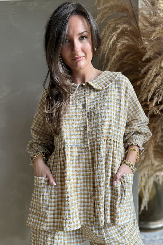 Annie Gingham Peter Pan Smock Blouse Mustard